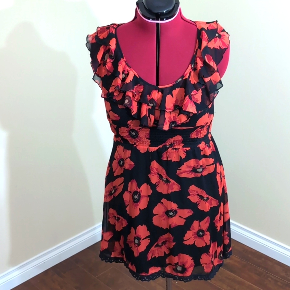 Suzy Shier| Black With Red Floral Pattern Midi Summer Dress, Frills & Inner Slip